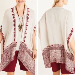 Chico’s Embroidered Women’s S/M Cream Burgundy Kimono Cardigan
